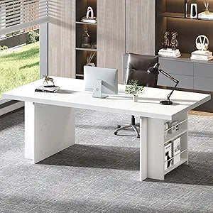 70" Large Executive Desk with Storage Shelves, Industrial Wood