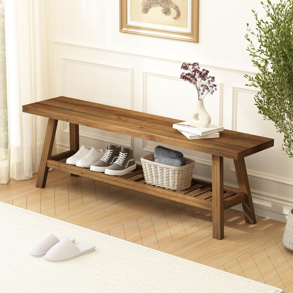 Rustic Reclaimed Wood Entryway Bench with Storage Shelf