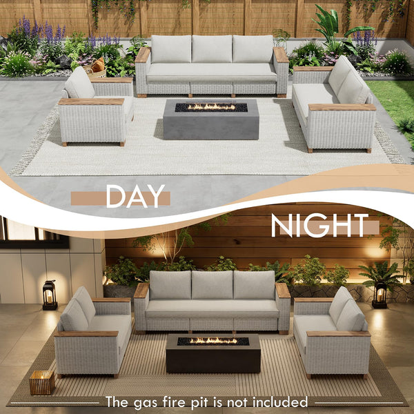 Outdoor Wicker Patio Sectional Sofa Set with Wood Armrests