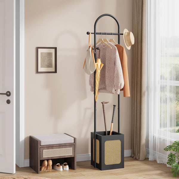 Coat Rack Stand with Rattan Design & Wooden Base