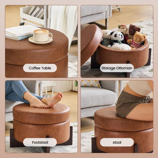 Round Storage Ottoman with Hidden Storage | PU Leather Footrest Stool