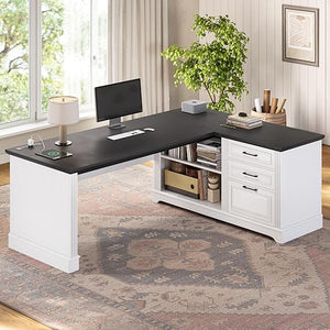 L-Shaped Executive Desk with File Drawers & Power Outlets