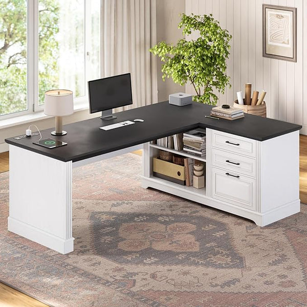 L-Shaped Farmhouse Desk with Drawers & Power Outlets