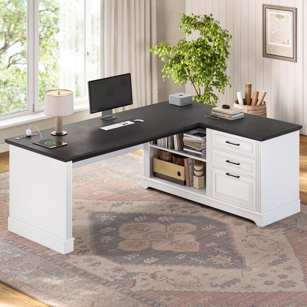 L-Shaped Executive Desk with File Drawers & Power Outlets