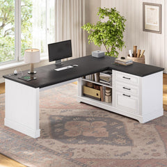 L-Shaped Executive Desk with File Drawers & Power Outlets