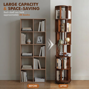 6-Tier Rotating Bookshelf Tower with Lockable Wheels