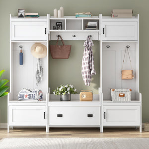 White Entryway Hall Tree with Bench & Shoe Storage