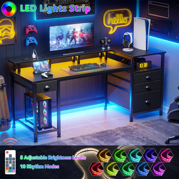 60-Inch Computer Desk with LED Lights, USB Charging, File Cabinet & Monitor Stand