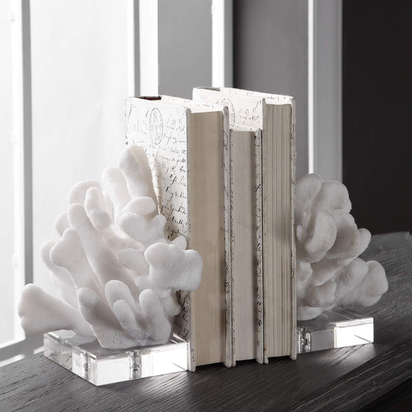 White Faux Coral Sculpture Bookends Set of 2