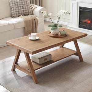 Rustic Farmhouse Coffee Table with 2-Tier Storage Shelf