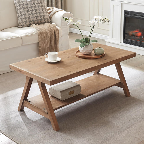 Rustic Farmhouse Coffee Table with 2-Tier Storage Shelf