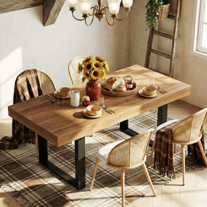 Extendable Farmhouse Dining Table Set with 4 Rattan Chairs