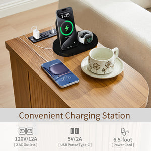 Narrow End Table with Charging Station, Door & Shelf – Walnut