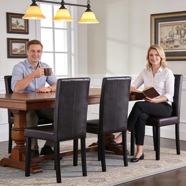 Dining Chair Set of 6 – Brown PU Leather Armless Side Chairs with Solid Wood Legs