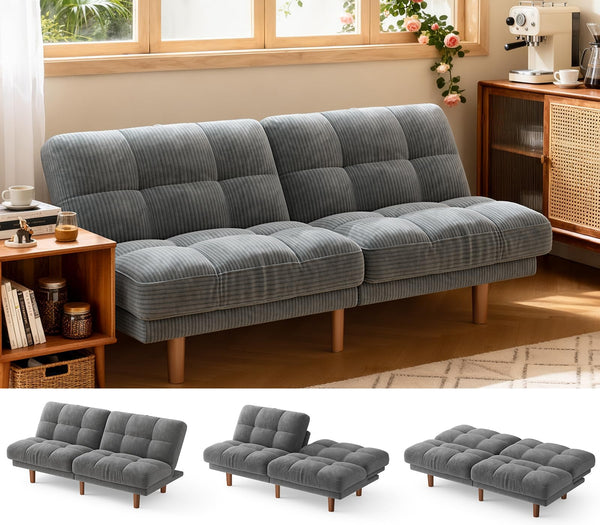 65" Convertible Futon Sofa Bed – Corduroy Fabric, Grey