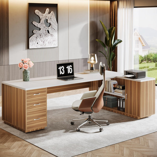 L-Shaped Executive Office Desk with File Drawers & Storage Cabinet