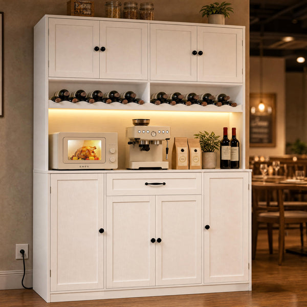 Tall Pantry Storage Cabinet with LED Light & Charging Station