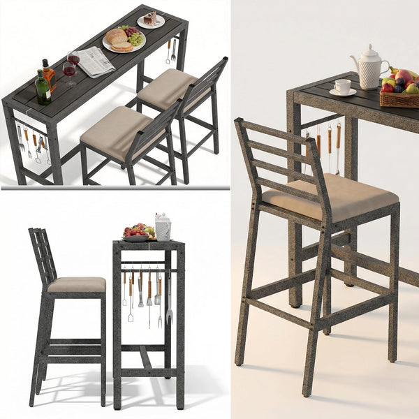 3-Piece Metal High Top Outdoor Bar Set with 2 Cushioned Bar Stools