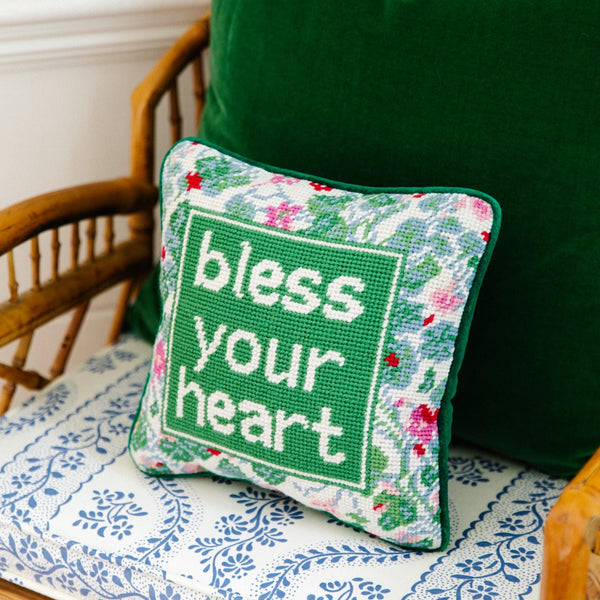 Needlepoint Throw Pillow – Bless Your Heart – 10" x 10" Green Embroidered Accent Pillow