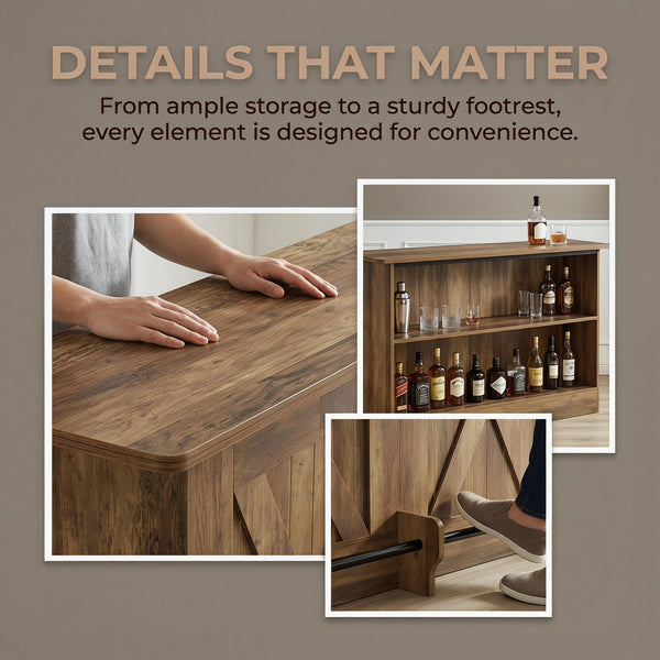 Farmhouse Bar Table with Storage Shelves & Footrest