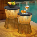 Solar Outdoor Side Table Set of 2 with Dimmable Light – Boho Rattan Patio End Tables