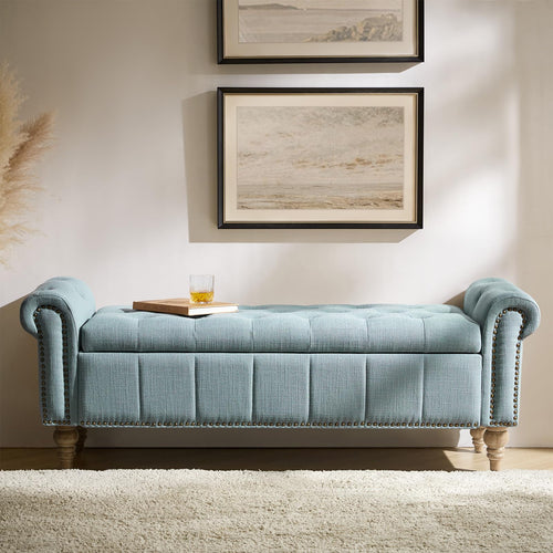 HULALA HOME Farmhouse Upholstered Storage Bench, End of Bed Bench with Vintage Button Tufted Design(Blue)
