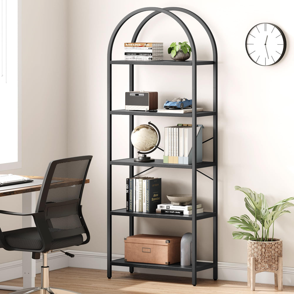 5-Tier Arched Metal Bookshelf, 71" Industrial Freestanding Display Rack