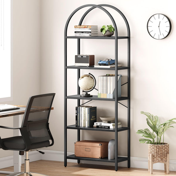 5-Tier Arched Metal Bookshelf, 71" Industrial Freestanding Display Rack