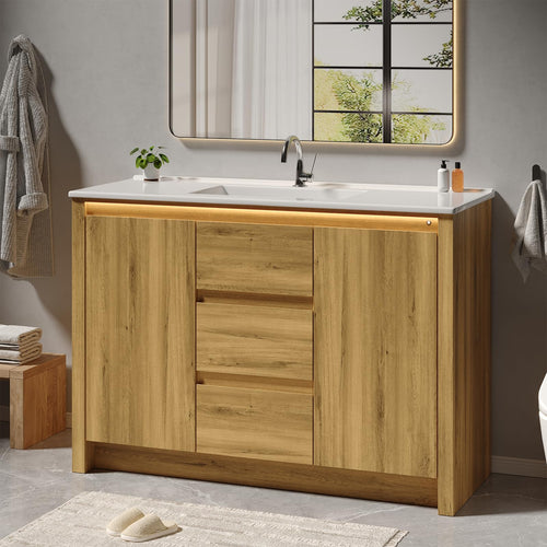 47.2" Mid-Century Bathroom Vanity with Sink, Sensor Light & 3 Drawers