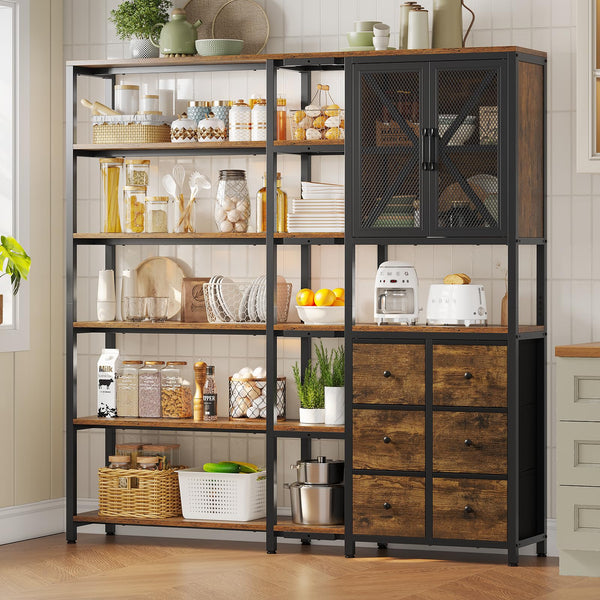 L-Shaped Corner Bookshelf with Fabric Drawers, 6-Tier