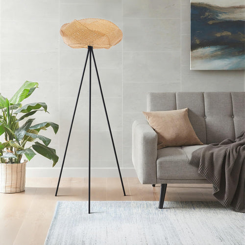Bamboo Tripod Floor Lamp with Handwoven Lotus Shade
