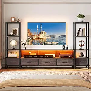 TV Stand with Bookshelves, LED Lights & Power Outlets – Fits up to 65" TV