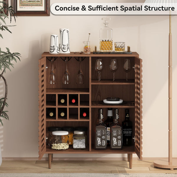 Mid-Century Bar Cabinet with Wine Rack & Slatted Doors