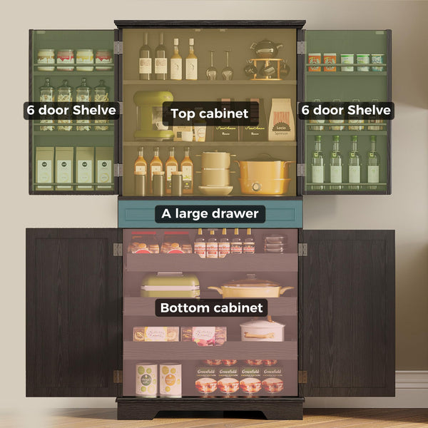 Farmhouse Kitchen Pantry Cabinet with Sliding Racks & Door Shelves