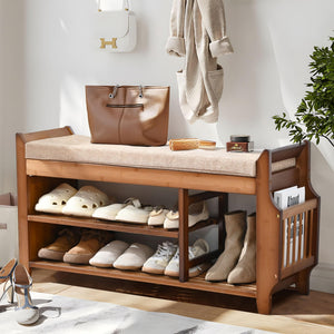 Bamboo Entryway Shoe Storage Bench with Cushion