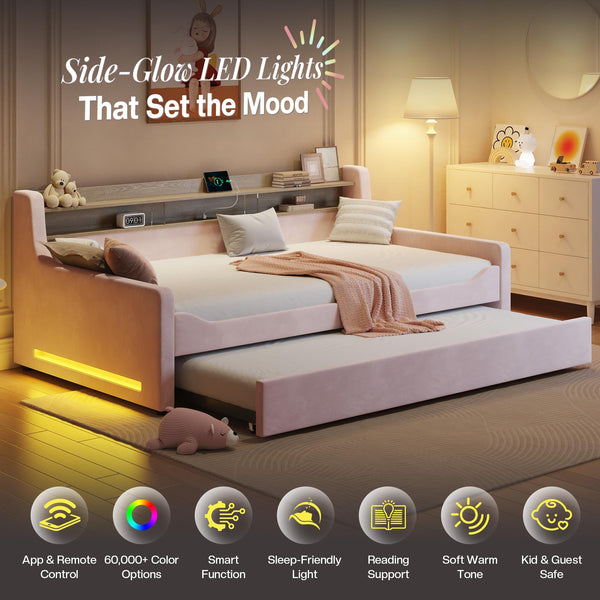 Twin Upholstered Daybed with Trundle, LED Light & Storage Headboard