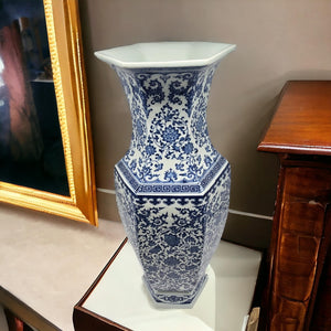 Large Hexagonal Blue and White Porcelain Lotus Vase
