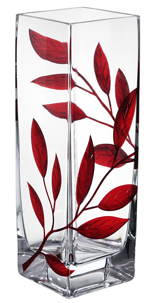 Hand-Blown Glass Square Vase with Red Leaf Decoration