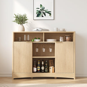 Bar Cabinet with Fluted Doors, Adjustable Shelves & Wine Glass Rack