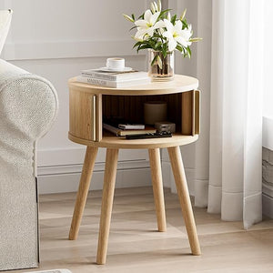 Mid-Century Side Table with Sliding Door & Solid Wood Legs