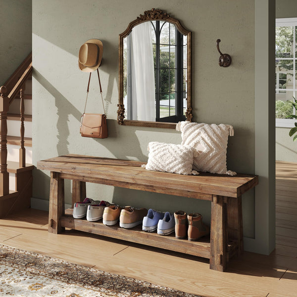 55" Solid Wood Entryway Bench with Shoe Storage