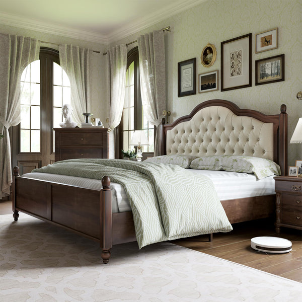 Solid Wood Platform Bed with Tufted Upholstered Headboard