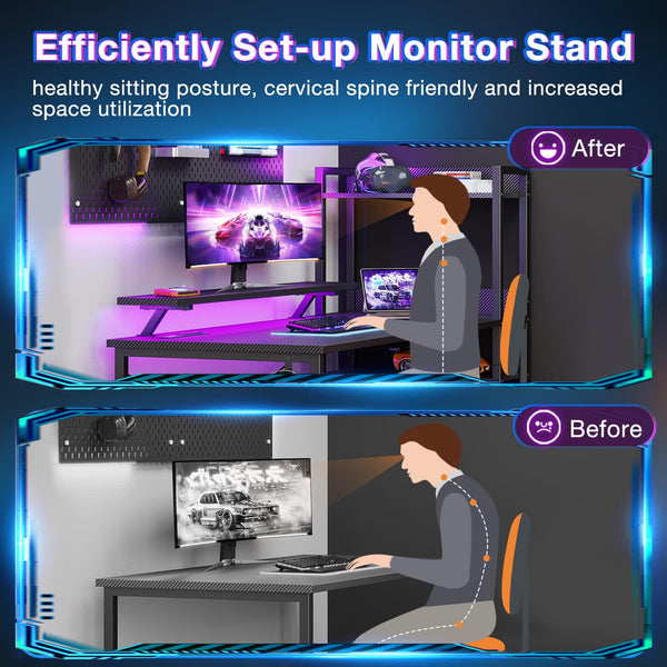 LED Gaming Desk with Storage Shelves & Monitor Stand