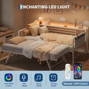 Twin Daybed with Pop-Up Trundle, RGB LED Headboard & Charging Station