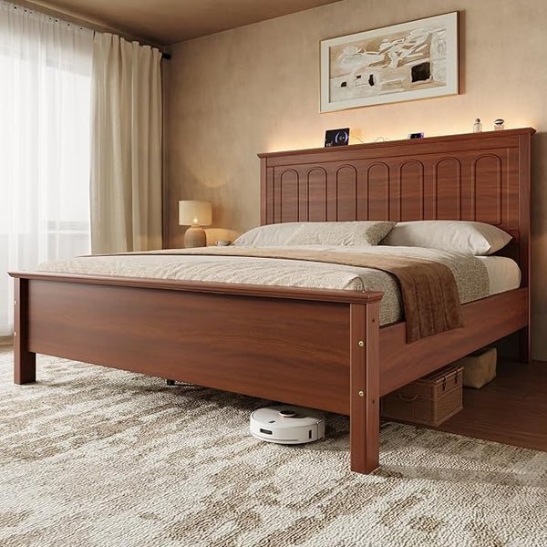 Queen Bed Frame with Headboard, LED Lights & Charging Ports