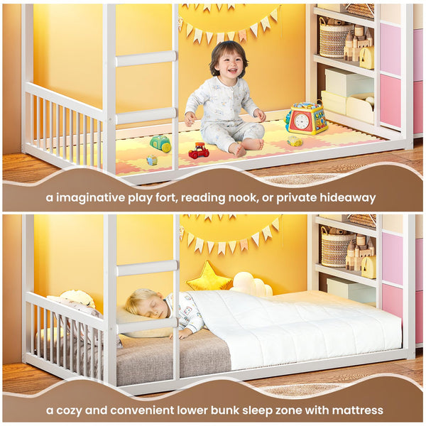 Twin Over Twin House Bunk Bed with Storage Drawers, LED Lights & Stairs