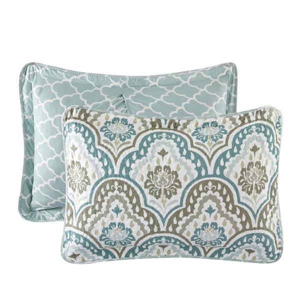 Teal Aqua Floral Quilted Coverlet Bedspread Set with Shams & Pillows