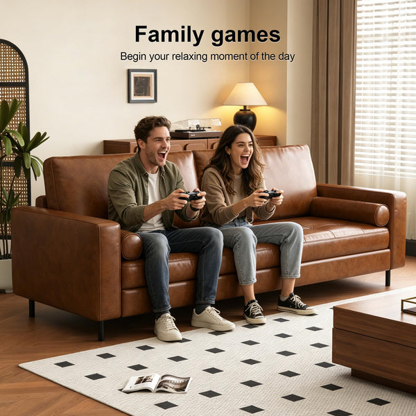 80" Mid-Century Modern Faux Leather 3-Seater Sofa – Brown