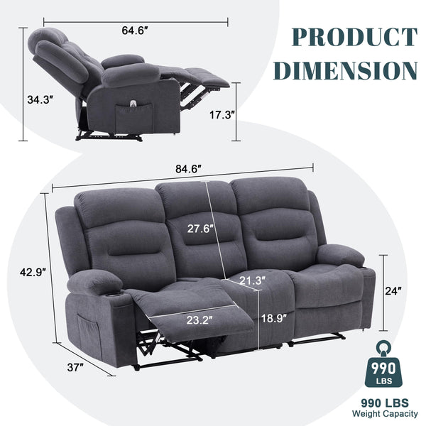3-Seater Recliner Sofa with Heat, Massage & USB Port