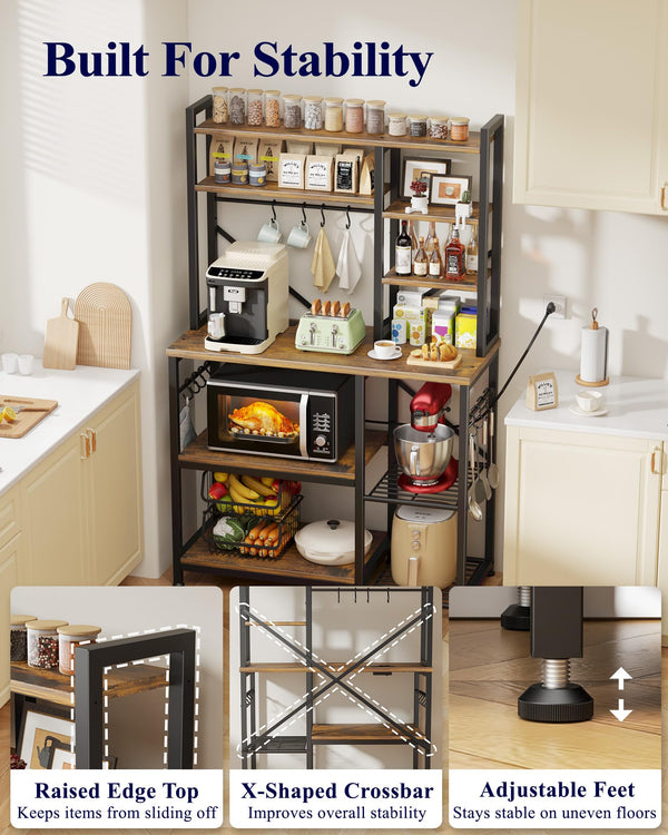Baker's Rack with Power Outlet 12 Hooks Multi-Shelf Kitchen Storage